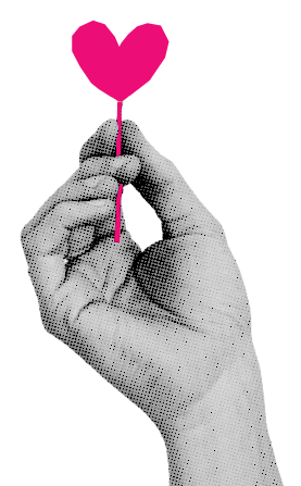 gedruckte graue Hand mit rotem Herz