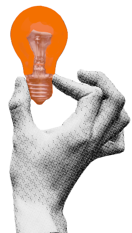 gedruckte graue Hand mit orangener Glühbirne