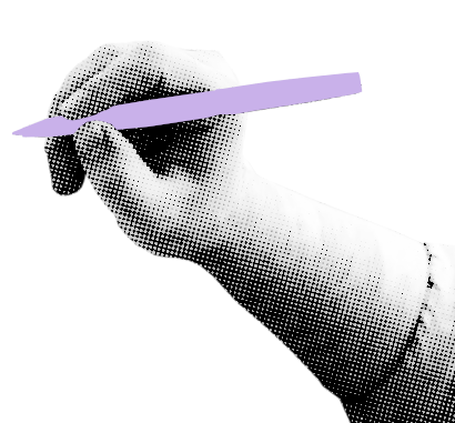 gedruckte grau Hand mit fliedafarbenen Kugelschreiber