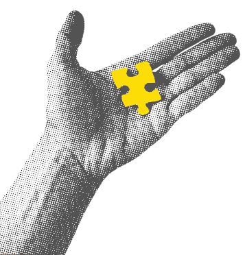 gedruckte graue Hand mit gelbem Puzzle-Teil